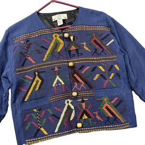 Orvis Jacket Womens Small Blue Hand Woven Embroidered Aztec Boho Folk Art